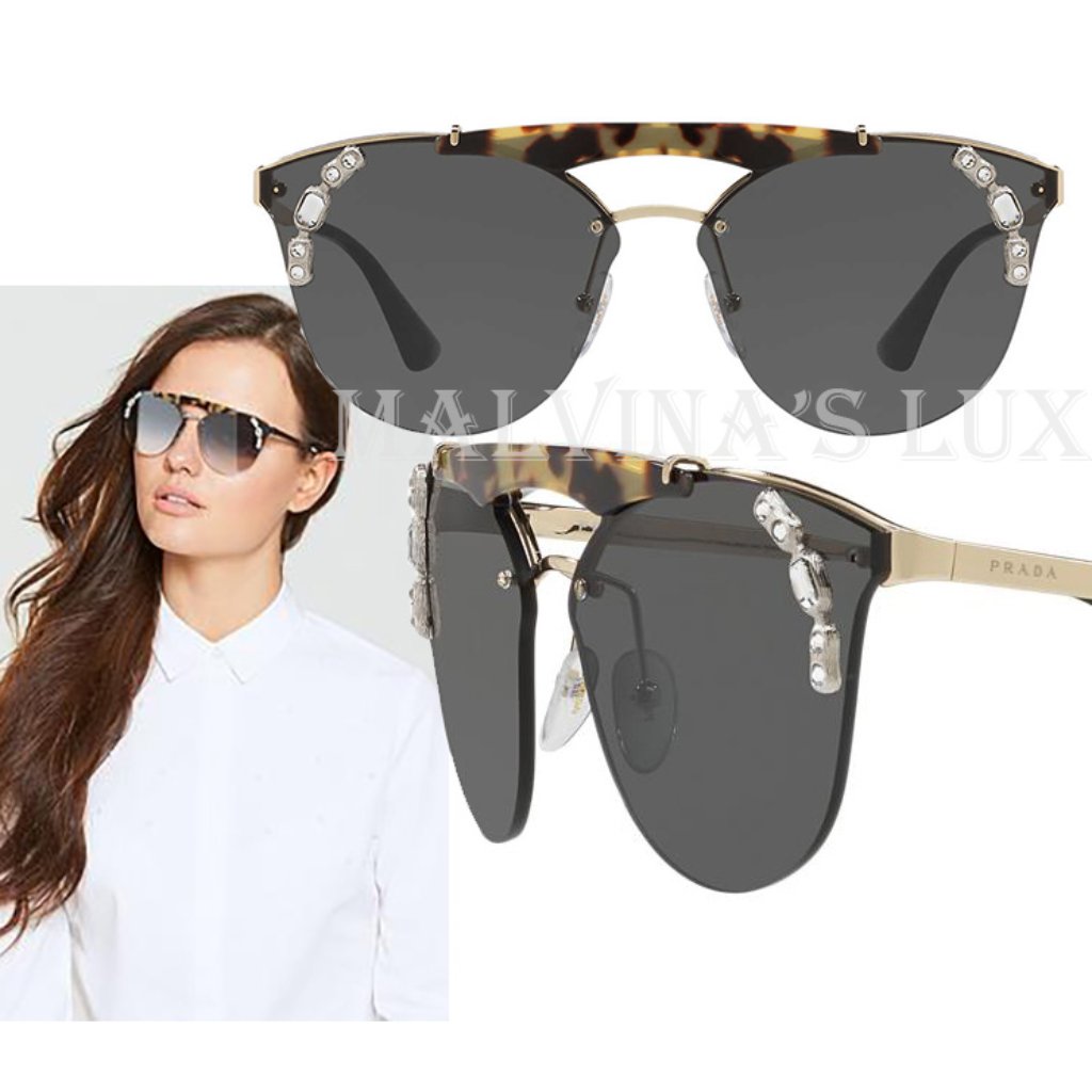 Prada Sunglasses Spr 53u Round Brow Bar Aviator Pilot Tortoise Crystal Detail